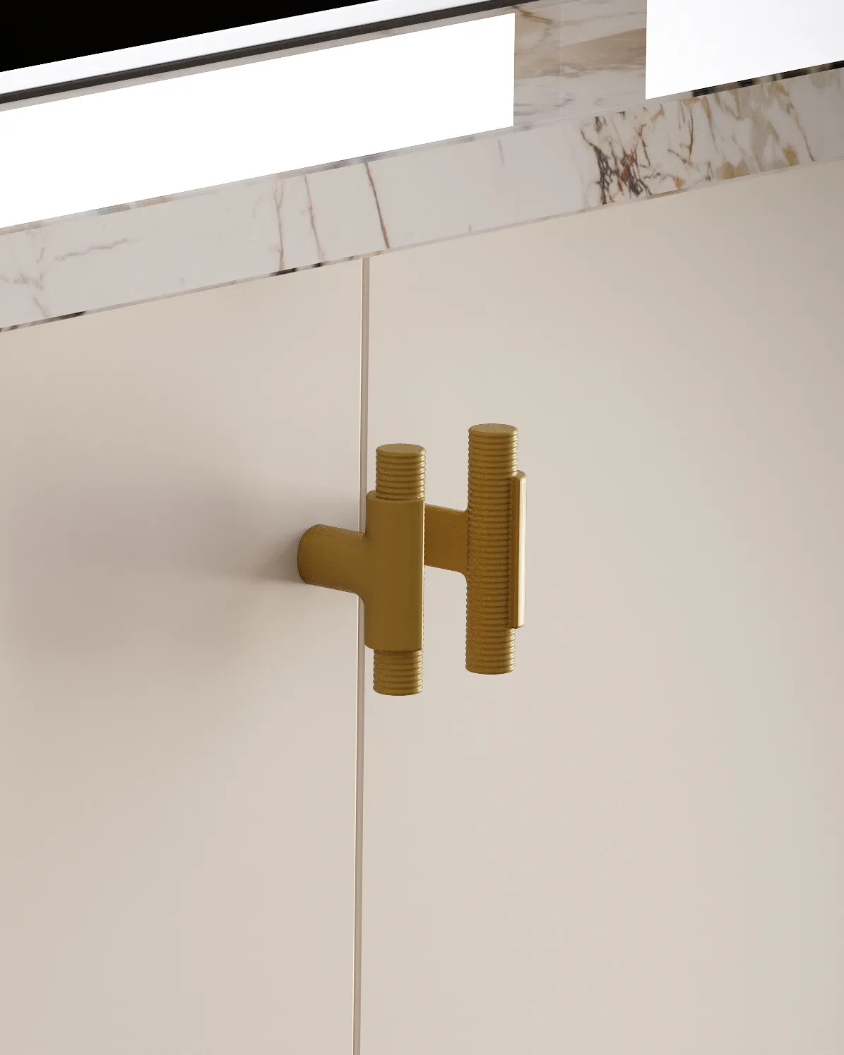 Rest knob in brass on a cabinet door