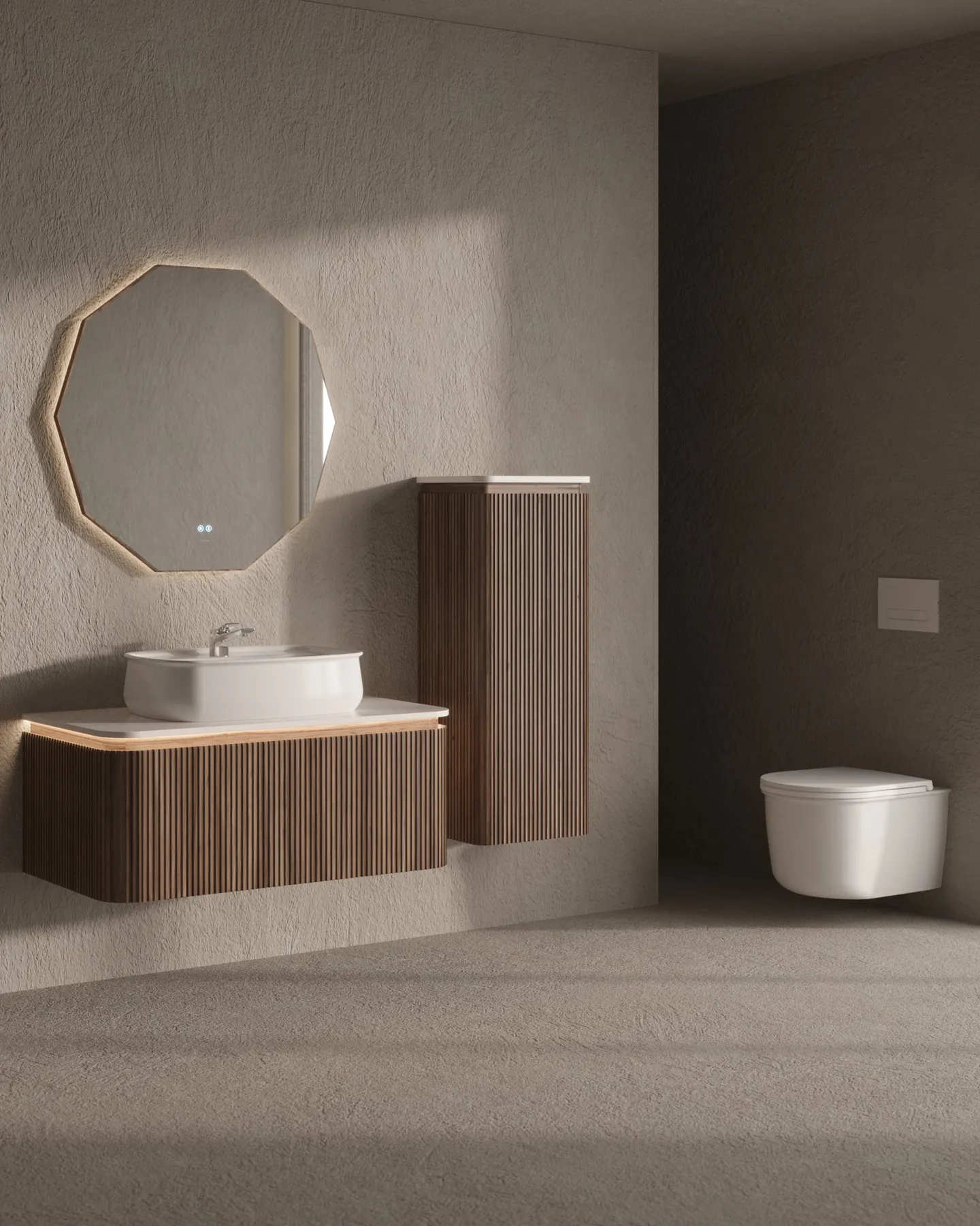 Fluido bathroom with vanity, basin and wall-hung WC