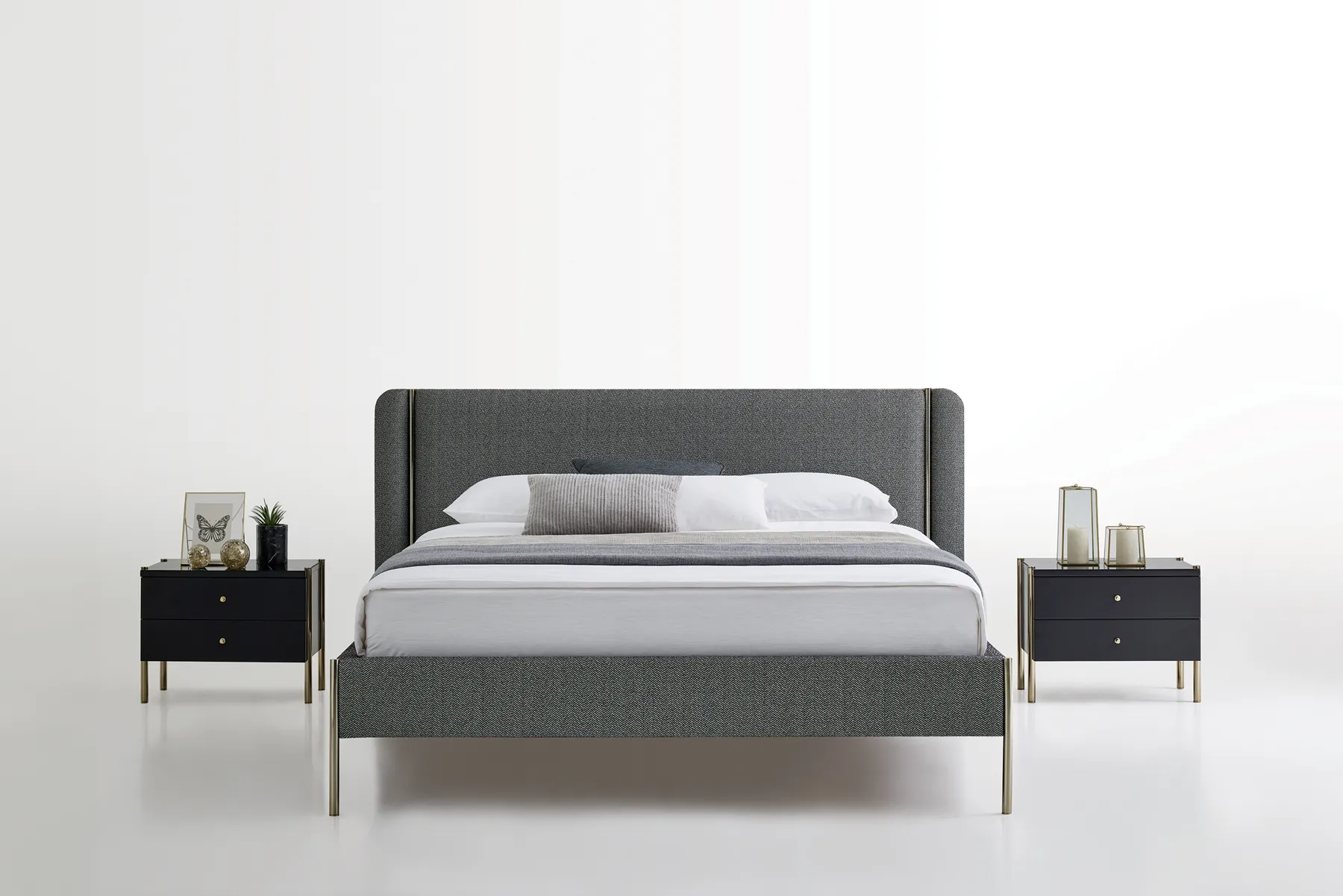 Inside bed and bedside tables on white