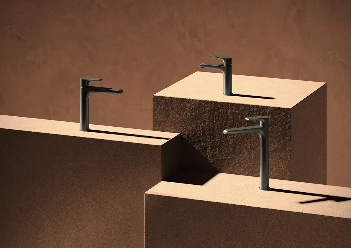 Niagara basin mixers in three heights on terracotta blocks
