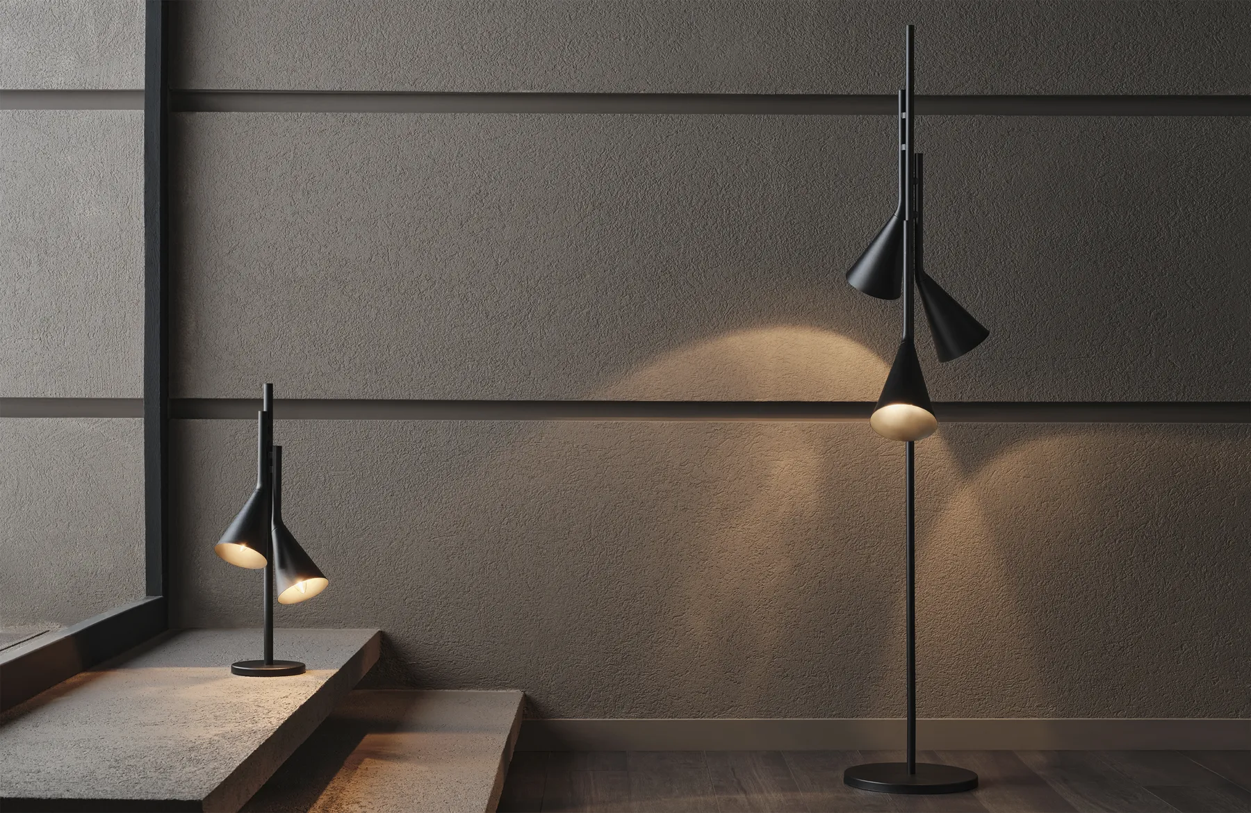 Nova floor and table lamps lit in a dark interior