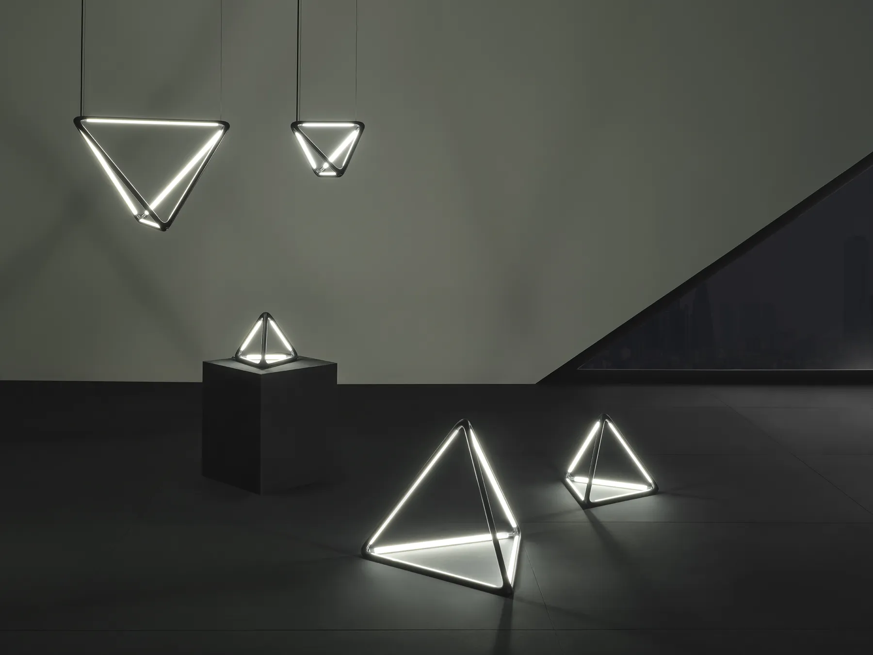 Tetra pendant and floor lamps lit