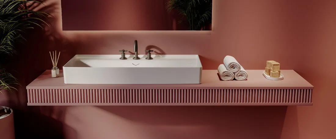 Vea basin on a red vanity